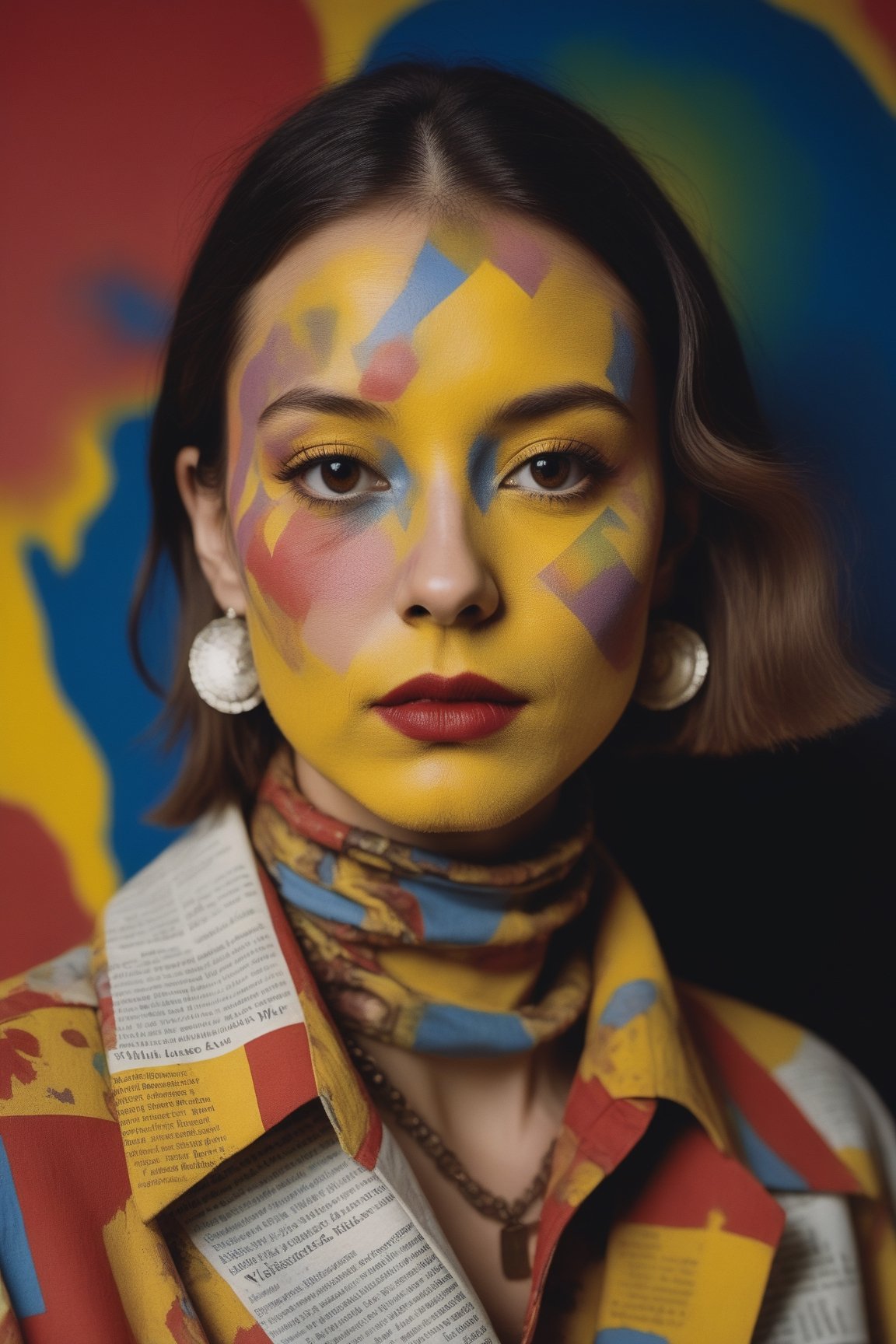 the portrait shows many newspaper stories painted onto a person's face, in the style of psychadelic surrealism, poodlepunk, fashion photography, young british artists (ybas), photo taken with provia, dark yellow and red, wildstyle