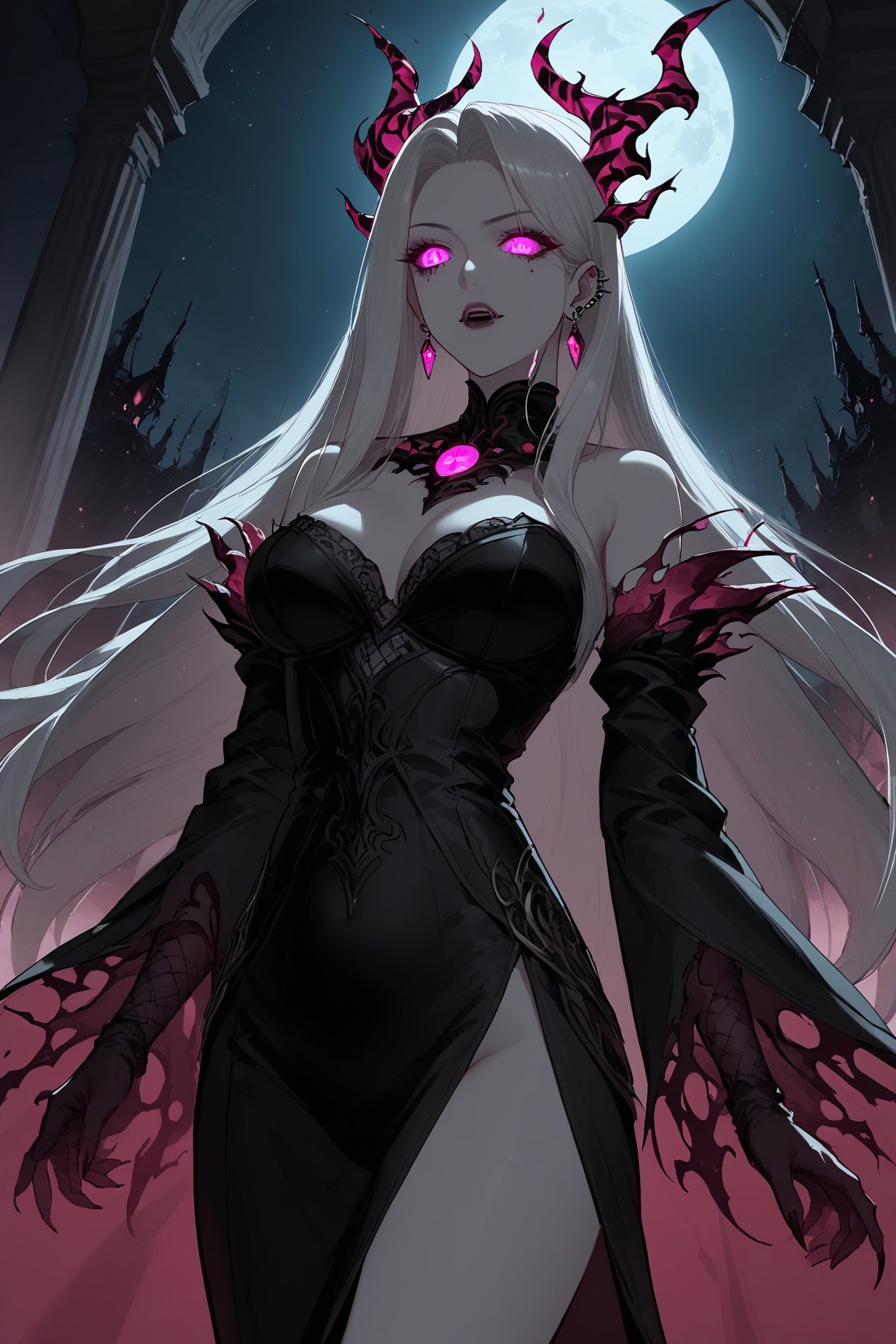 (score_9, score_8_up, score_7_up, source_anime, embedding:zPDXL), beautiful girl, black_mage, ethereal eyes, corruption aesthetic, wearing mages robes, sadistic expression, piercings, evil magic, (corrupted city), (night), dutch angle, glowing evil, corrupted magical energies, tormenting people