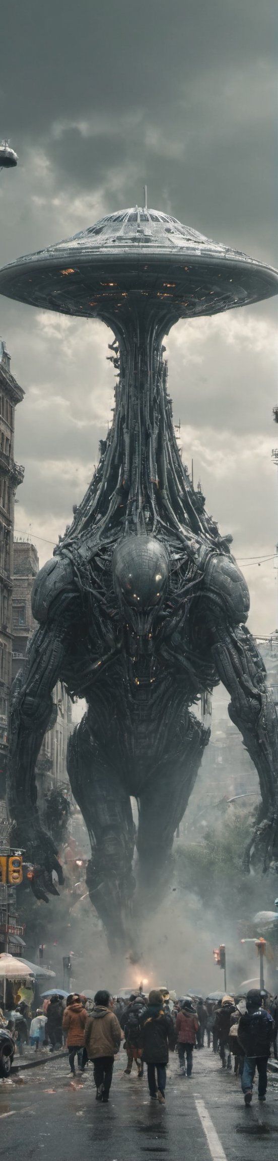 It generates a high-quality cinematic image, extreme details, ultra definition, extreme realism, high-quality lighting, 16k UHD, some aliens in the middle of the city, waving to an alien  Extraterrestrial Spacecraft in the sky, the lighting is midday,grey_alien,ftspcft