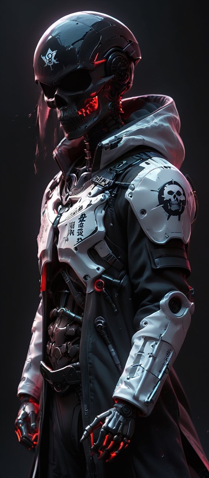 assassinkahb style, a black and white photo of an Cyborg Samurai assassin wearing a high collar motorcycle jacket with japanese writing on the back, fight stance, fists up, Split, solo, simple background, shoulders implementations of wires and nano Future Tech, Large sedge hat, 1boy, white background, jacket, monochrome, upper body, greyscale, male focus, long hair in wind, weapon, clothes writing, skull, skeleton, japanese flag, creating a Synthwave sunrise scene with bleaked dark colorful Neon and black details,