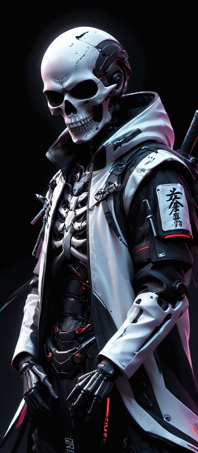 assassinkahb style, a black and white photo of an Cyborg Samurai assassin wearing a high collar motorcycle jacket with japanese writing on the back, fight stance, fists up, Split, solo, simple background, shoulders implementations of wires and nano Future Tech, Large sedge hat, 1boy, white background, jacket, monochrome, upper body, greyscale, male focus, long hair in wind, weapon, clothes writing, skull, skeleton, japanese flag, creating a Synthwave sunrise scene with bleaked dark colorful Neon and black details,