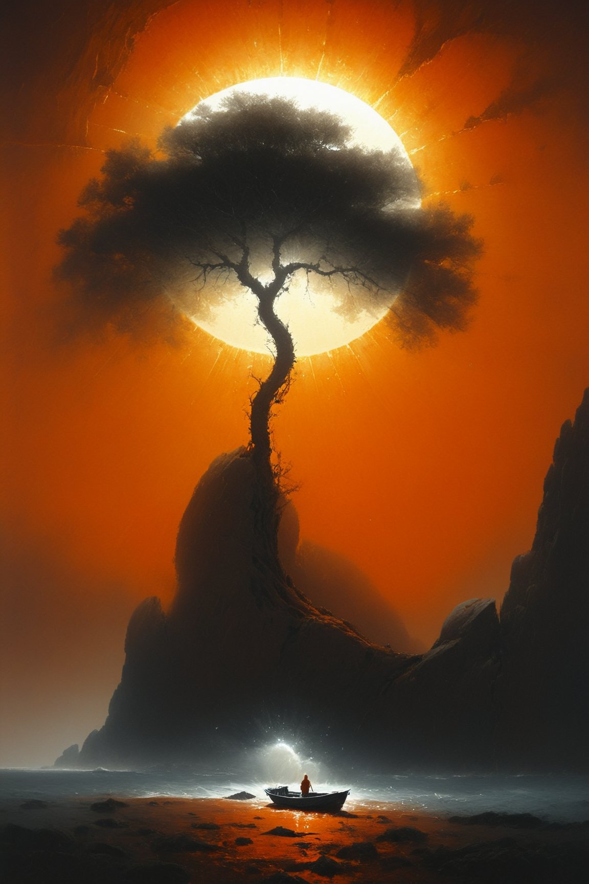 ocean, dark orange rock, (white tree:1.5), boat, huge light sun, fantastic style with intricate details, using vibrant colors and lighting to create a sense of depth and wonder, art by ZdzisLaw Beksinski,
sharp focus, high quality, 4k high resolution,
dagobahlnd 