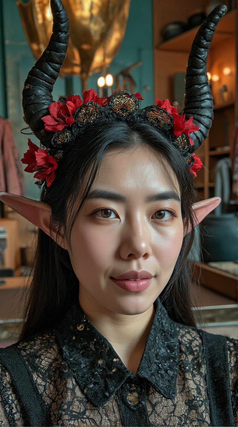 A strikingly close up portrait of a beautiful young european woman is adorned with large,  hazel eyes, slate grey horns with gold ornements that sweep majestically from her head, contrasting with her flawless, porcelain skin with intricate face tattoos. Her pointy ears add a mystical touch to her appearance, intricate black lace headdress,featuring circular floral patterns interwoven with red chrisanthemum. Her face is bold with dark dramatic, black eyeshadow, intricate embroidery black detailled makeup, black lips, highlighting her sharp features and giving her an intense, enchanting aura. She is wearing dark embroidery Gothic clothes. The scene is set in a magical, softly lit workshop filled with vibrant fabrics and mystical tools, reflecting her powerful and otherworldly presence. Bokeh, Rust  teal background,anime art of girl/woman