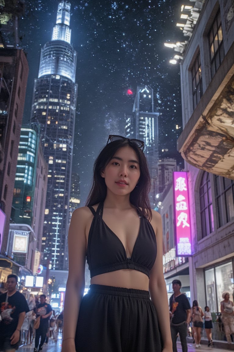 A futuristic cityscape with neon-lit skyscrapers and starry night sky serves as the backdrop for a serenity girl standing elegantly, her eyes directly addressing the viewer. Her gaze is serene, piercing, yet gentle, as if sharing a secret or seeking connection. The city's vibrant lights reflect off her curious expression, creating an ethereal glow around her face.