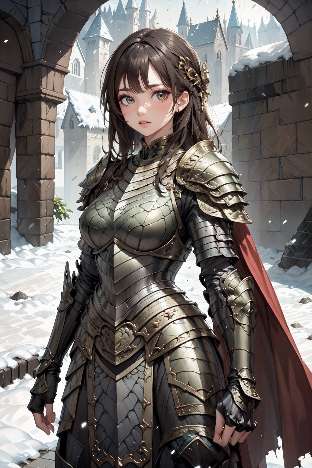 Beautiful 27 year old woman, (brown eyes), ((strong physique body)), (black hair), long_hair: 1.3, , bangs, (serious look), hourglass body shape, detailed eyes, normal breasts quality, slim waist, (strong physique), upper body , gauntlets, (detailed armor), lower body armor, black cape, broken stone floor, broken stone wall, snow falling, ((full-body_portrait)), (evil aura around her), Commander of knights,dragon armor