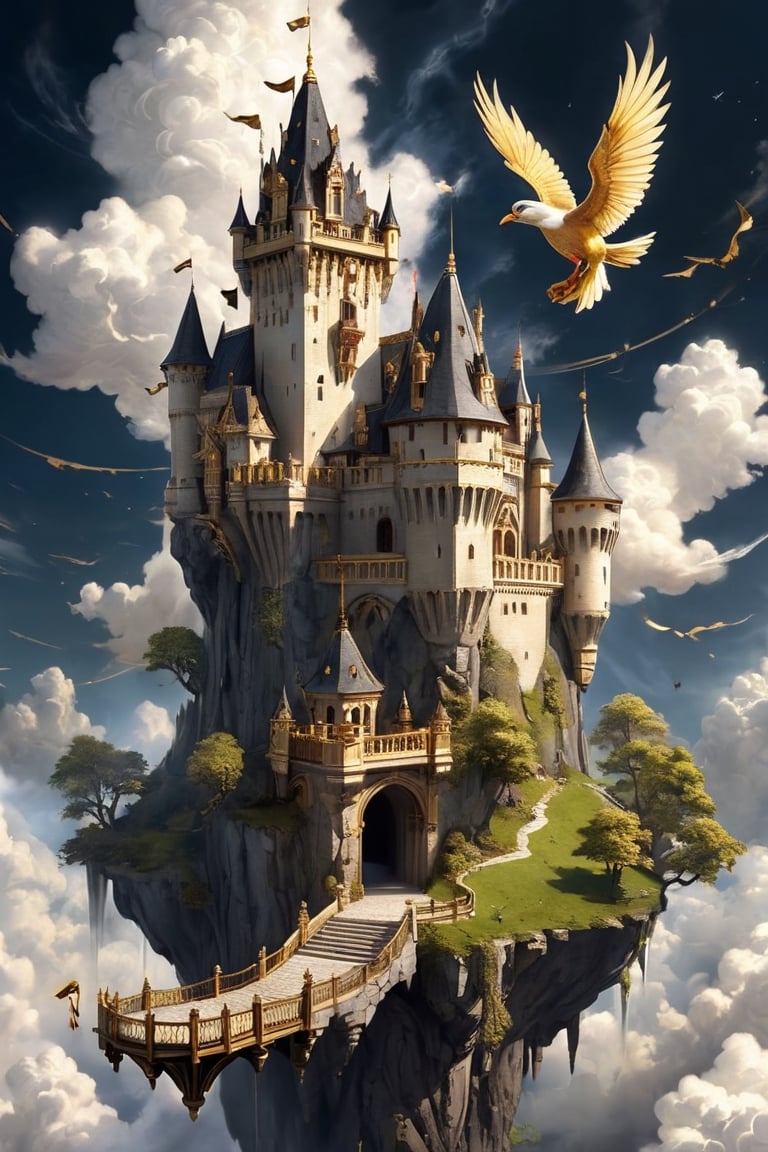 Floating castles,in the air,Castle cloud fusion,
 medieval European-style castle rests upon a floating island in the sky, constructed with ebony and adorned with lavish golden accents. The dark, opulent tones of the blackwood contrast magnificently with the gleaming gold embellishments, creating an ethereal and majestic spectacle. The architectural beauty of the castle is elevated by its celestial perch, making it a symbol of both strength and elegance suspended amidst the heavens.,island,itacstl,mythical clouds