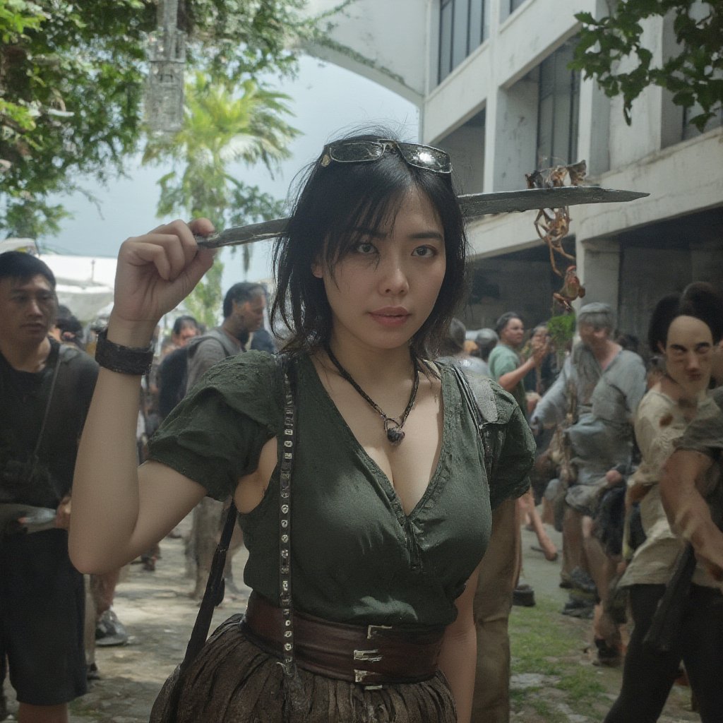  A cinematic hyper-realistic picture of a young women with black hair blue eyes and her face with red war paint, wearing a dark green leather hide tunic and a brown leather skirt, medieval clothing, her body spinning a sword around in combat with rage and anger, standing in a battlefield of orcs and trolls, a photographic masterpiece of cinematography 