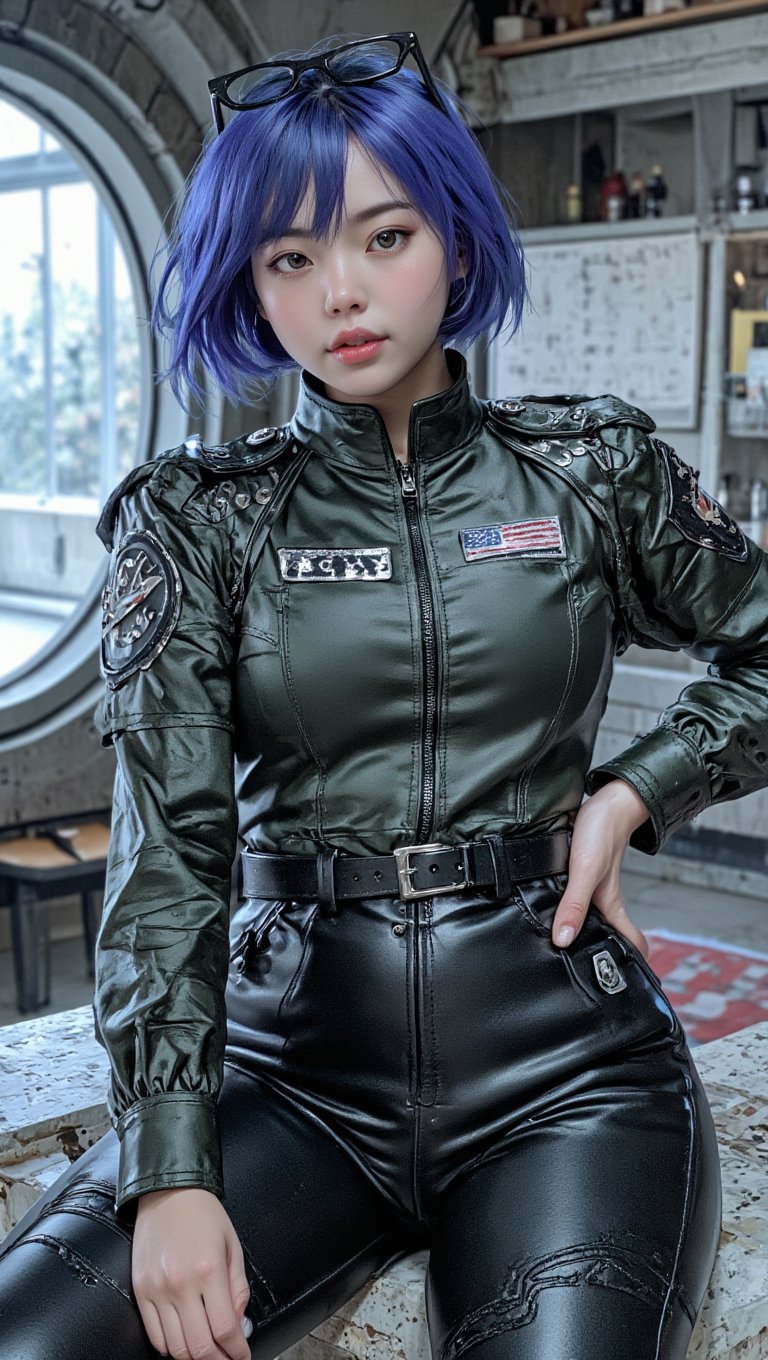 (masterpiece, high quality, 8K resolution). 
A highly detailed anime illustration that combines fantasy and science fiction.
Character: A young beautiful elven woman, blue hair, straight bob, stylish glasses. Dressed in a military uniform consisting of a futuristic uniform and tight trousers. Detailed outfit.
Background: The bridge of a spaceship. A porthole with a view of open space..
Details: It depicts a minor character in a space opera who is a crowd favorite. Close up portrait. Detailed, sensual, Drawn in the style of Ghost in the Shell, influenced by the Mass Effect video game series. A cruel and cold universe, which is reflected in the colors and style of drawing. REALNIME