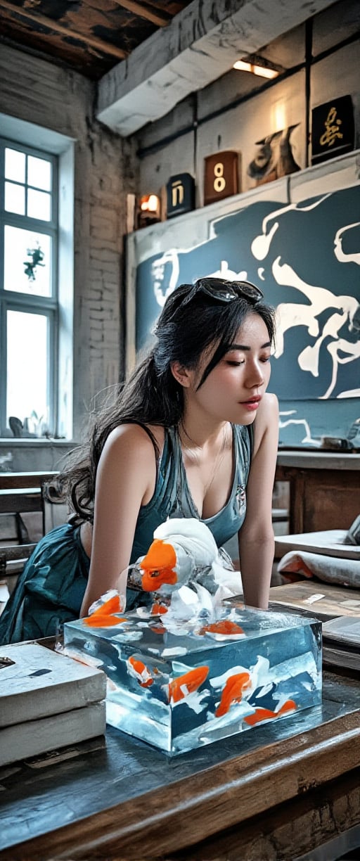 Photo, realistic, light refraction, ultra beautiful woman full body (( quarter profile acrylic with goldfish and yì jì illustration embedded in desk)),  llngsh AND 1920s yì jì, face, brunette, héfú goldfish look like they are swimming in Chinese letter panterns that spell ni hao, deep blue and light blue gradation, very beautiful, cool feeling piece,  