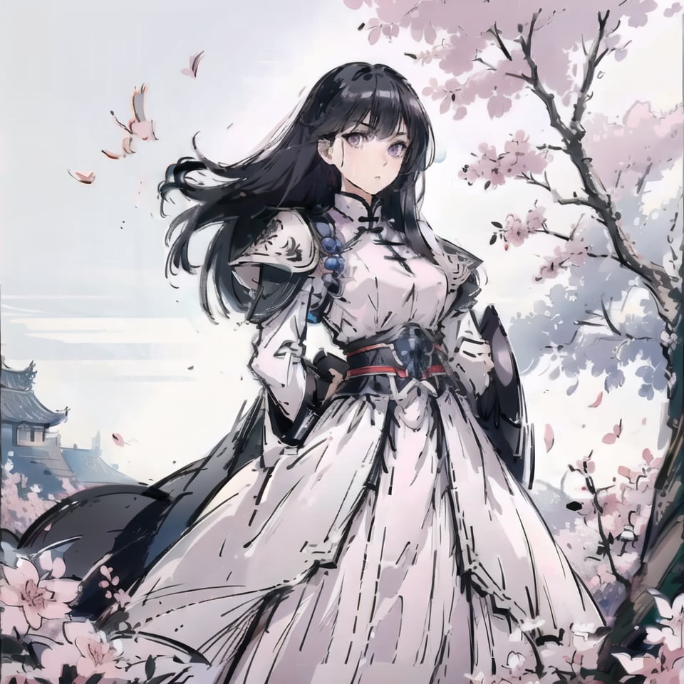 Natural Light, (Best Quality, highly detailed, Masterpiece), ((wide shot)), 
(beautiful and detailed eyes), (realistic detailed skin texture), (detailed hair), (full-length shot), ((expression Concentration)), ((fighting stance)), 1girl, impeccably detailed face, cute, A china female is standing in front of a tree with pink flowers and white background, wearing a mixture of leather armor and cloth clothing, with black hair. pay attention to details like clothing texture, sword behind, (clean outline), (sketch style line art), ink background,ink splash,