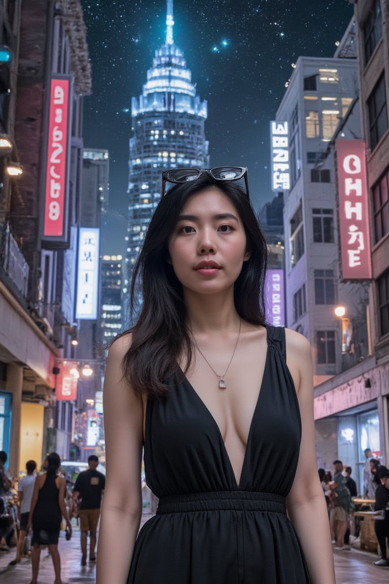 A futuristic cityscape with neon-lit skyscrapers and starry night sky serves as the backdrop for a serenity girl standing elegantly, her eyes directly addressing the viewer. Her gaze is serene, piercing, yet gentle, as if sharing a secret or seeking connection. The city's vibrant lights reflect off her curious expression, creating an ethereal glow around her face.