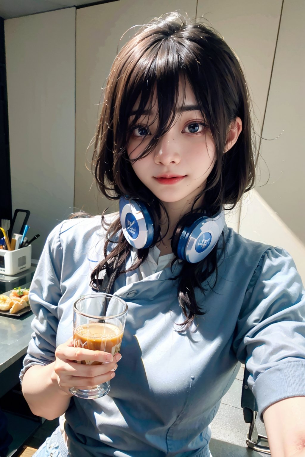 ((masterpiece, 8k, RAW, ultra realistic)), miku nakano, enjoying breakfast before school, long hair, bangs, blue eyes, brown hair, shirt, hair between eyes, shy smile, headphones, blue cardigan, white shirt, GREEN SKIRT, headphones around neck,
,MIKU NAKANO