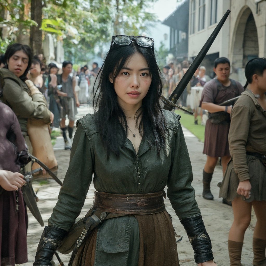  A cinematic hyper-realistic picture of a young women with black hair blue eyes and her face with red war paint, wearing a dark green leather hide tunic and a brown leather skirt, medieval clothing, her body spinning a sword around in combat with rage and anger, standing in a battlefield of orcs and trolls, a photographic masterpiece of cinematography 