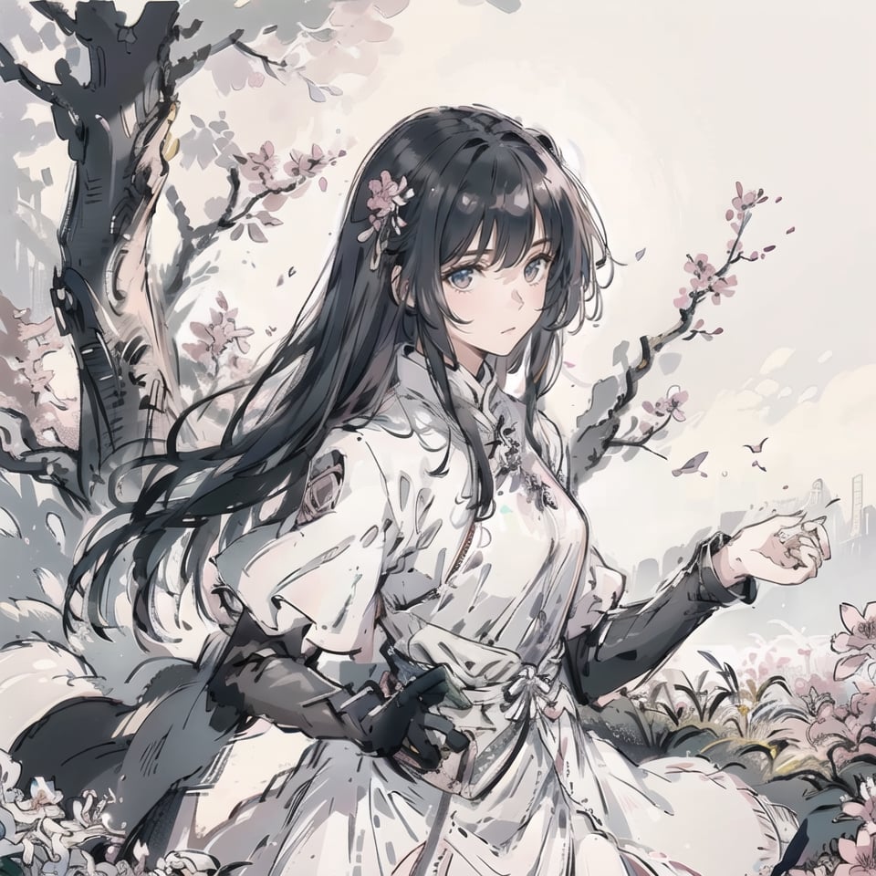 Natural Light, (Best Quality, highly detailed, Masterpiece), ((wide shot)), 
(beautiful and detailed eyes), (realistic detailed skin texture), (detailed hair), (full-length shot), ((expression Concentration)), ((fighting stance)), 1girl, impeccably detailed face, cute, A china female is standing in front of a tree with pink flowers and white background, wearing a mixture of leather armor and cloth clothing, with black hair. pay attention to details like clothing texture, sword behind, (clean outline), (sketch style line art), ink background,ink splash,