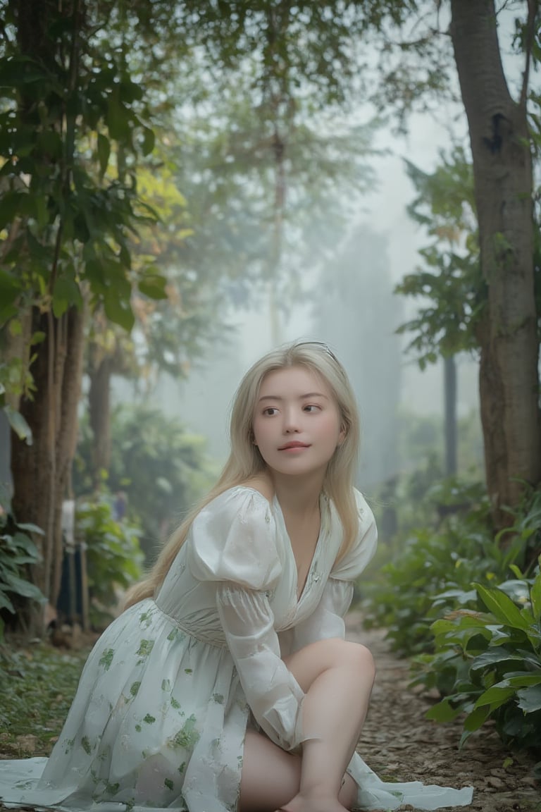 A tranquil landscape unfolds. A stately woman with lush blonde hair flowing down her back sits elegantly with her knees together in a mysterious forest, wearing a white flowing dress with puffed sleeves and a green random pattern print. A softly glowing mist obscures the surroundings. Her porcelain skin glows with a subtle blush, and freckles dance across her cheeks. Her charming smile radiates serenity and wonder. The composition is composed of delicate lines, perfectly blending into the misty atmosphere, all elements whispering serenity. Top quality, very detailed and delicate details description:1.2, ultra realistic photo.