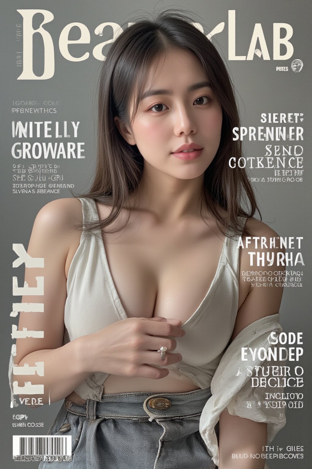 A high-fashion magazine cover featuring a close-up, upper-body shot of a beautiful Japanese female model with an enhanced bust size, confidently posing with elegance. Her sharp yet graceful facial features are highlighted, and she wears a stylish, modern outfit that accentuates her figure while maintaining a sophisticated and polished look. The background is a neutral gray with professional, magazine-quality lighting that enhances her photorealistic skin texture.

Across the cover, bold and stylish magazine text is displayed, including the title in elegant font: **"FuturEvoLab Beauty"** at the top. Other headlines include:
- **"Fashion Forward: The Future of Elegance"**
- **"Secrets to Confidence and Style"**
- **"Model of the Year: Embracing Allure and Power"**

The overall composition combines high-end fashion photography with captivating headlines that frame the model’s pose, drawing attention to her beauty and presence. The cover reflects sophistication, confidence, and modern fashion, with the FuturEvoLabBeautify aesthetic enhancing the visual impact.