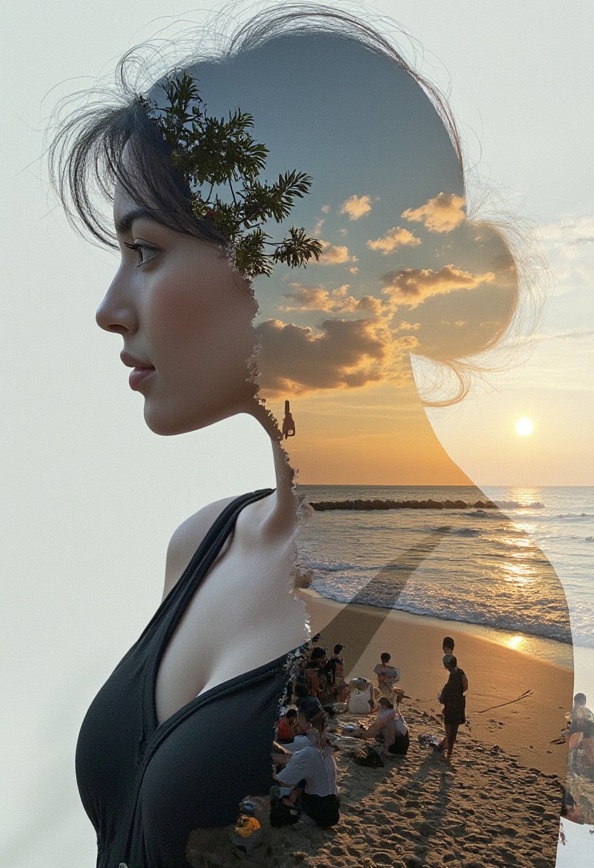 High quality, 8K Ultra HD, a beautiful double exposure that combines a goddess silhouette with the sunset coast, blue eyes, the sunset coast should serve as the underlying backdrop, with its details incorporated into the goddess, sharp lines, the background is monochrome, sharp focus, double exposure, impressive in full color,