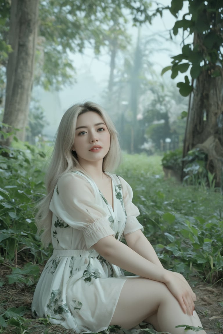 A tranquil landscape unfolds. A stately woman with lush blonde hair flowing down her back sits elegantly with her knees together in a mysterious forest, wearing a white flowing dress with puffed sleeves and a green random pattern print. A softly glowing mist obscures the surroundings. Her porcelain skin glows with a subtle blush, and freckles dance across her cheeks. Her charming smile radiates serenity and wonder. The composition is composed of delicate lines, perfectly blending into the misty atmosphere, all elements whispering serenity. Top quality, very detailed and delicate details description:1.2, ultra realistic photo.