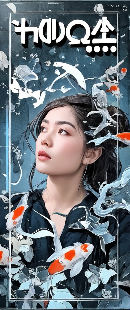 Photo, realistic, light refraction, ultra beautiful woman full body (( quarter profile acrylic with goldfish and yì jì illustration embedded in desk)),  llngsh AND 1920s yì jì, face, brunette, héfú goldfish look like they are swimming in Chinese letter panterns that spell ni hao, deep blue and light blue gradation, very beautiful, cool feeling piece,  