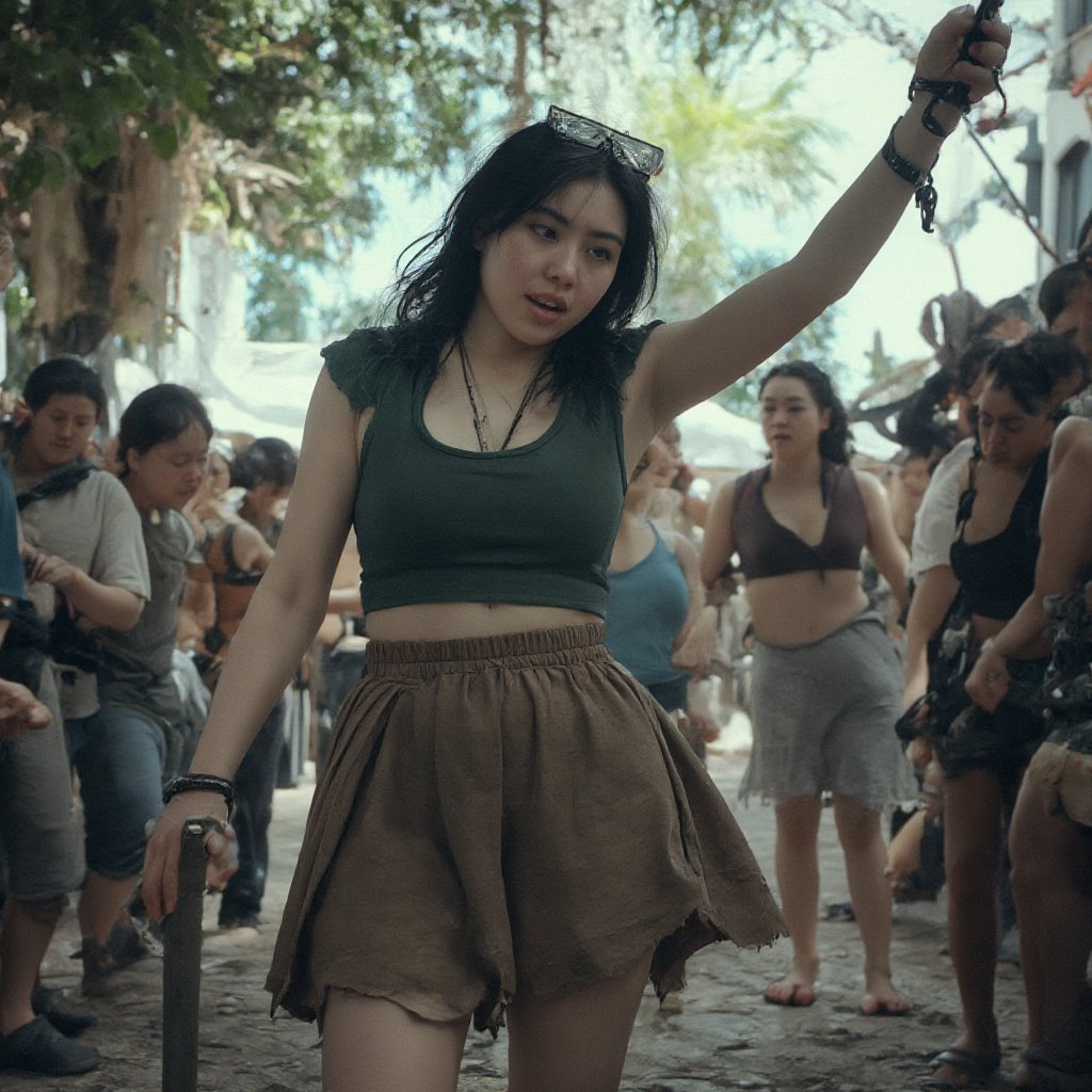  A cinematic hyper-realistic picture of a young women with black hair blue eyes and her face with red war paint, wearing a dark green leather hide tunic and a brown leather skirt, medieval clothing, her body spinning a sword around in combat with rage and anger, standing in a battlefield of orcs and trolls, a photographic masterpiece of cinematography 