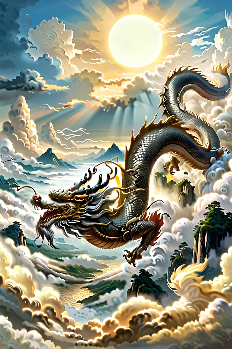 Majestic scene of 'The dragon soars in the sky' from the I Ching, magnificent Chinese dragon, detailed and vibrant, soaring above clouds, symbolizing apex of achievement, elegant winding body, strength and grace, awe-inspiring backdrop of clear blue sky and fluffy white clouds, highlighting ascendant position and celebrated status, by FuturEvoLab, (Masterpiece, Best Quality, 8k:1.2), (Ultra-Detailed, Highres, Extremely Detailed, Absurdres, Incredibly Absurdres, Huge Filesize:1.1), vivid colors, dynamic composition