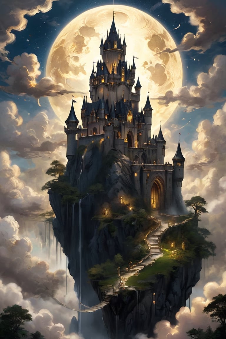 Floating castles,in the air,Castle cloud fusion,
 medieval European-style castle rests upon a floating island in the sky, constructed with ebony and adorned with lavish golden accents. The dark, opulent tones of the blackwood contrast magnificently with the gleaming gold embellishments, creating an ethereal and majestic spectacle. The architectural beauty of the castle is elevated by its celestial perch, making it a symbol of both strength and elegance suspended amidst the heavens.,island,itacstl,mythical clouds