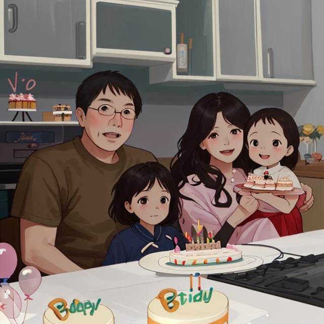 A family, the father and his little son are on the left, the mother is holding her daughter on the right, the father and mother are both young, and the mother is very beautiful, celebrate birthday, There is a birthday cake on the table, Background with ribbons and balloons to celebrate birthday