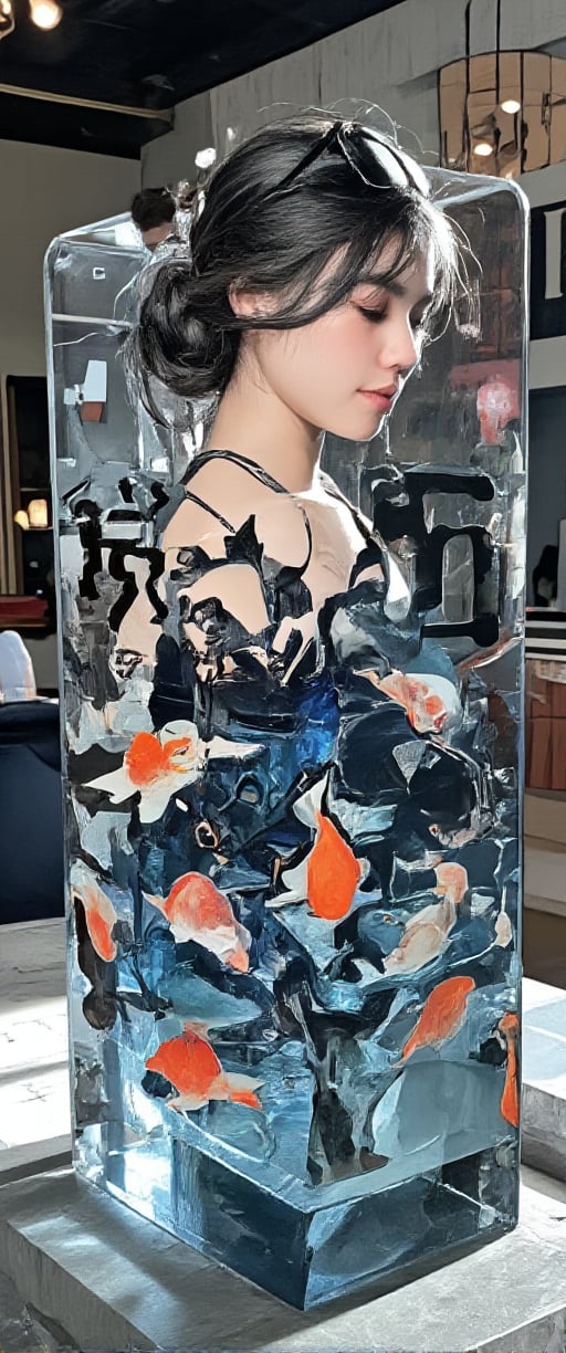 Photo, realistic, light refraction, ultra beautiful woman full body (( quarter profile acrylic with goldfish and yì jì illustration embedded in desk)),  llngsh AND 1920s yì jì, face, brunette, héfú goldfish look like they are swimming in Chinese letter panterns that spell ni hao, deep blue and light blue gradation, very beautiful, cool feeling piece,  