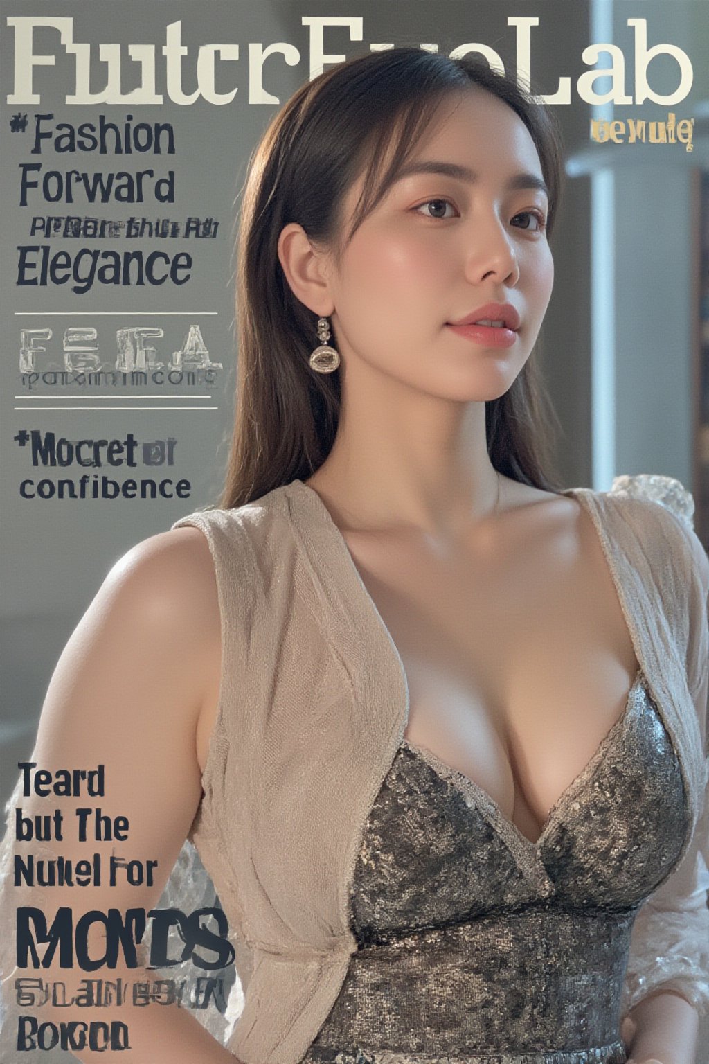 A high-fashion magazine cover featuring a close-up, upper-body shot of a beautiful Japanese female model with an enhanced bust size, confidently posing with elegance. Her sharp yet graceful facial features are highlighted, and she wears a stylish, modern outfit that accentuates her figure while maintaining a sophisticated and polished look. The background is a neutral gray with professional, magazine-quality lighting that enhances her photorealistic skin texture.

Across the cover, bold and stylish magazine text is displayed, including the title in elegant font: **"FuturEvoLab Beauty"** at the top. Other headlines include:
- **"Fashion Forward: The Future of Elegance"**
- **"Secrets to Confidence and Style"**
- **"Model of the Year: Embracing Allure and Power"**

The overall composition combines high-end fashion photography with captivating headlines that frame the model’s pose, drawing attention to her beauty and presence. The cover reflects sophistication, confidence, and modern fashion, with the FuturEvoLabBeautify aesthetic enhancing the visual impact.