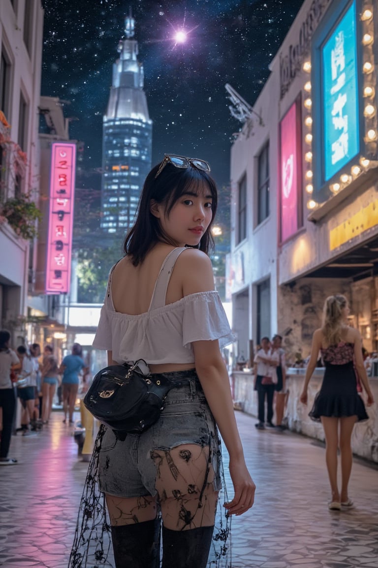 A futuristic cityscape with neon-lit skyscrapers and starry night sky serves as the backdrop for a serenity girl standing elegantly, her eyes directly addressing the viewer. Her gaze is serene, piercing, yet gentle, as if sharing a secret or seeking connection. The city's vibrant lights reflect off her curious expression, creating an ethereal glow around her face.