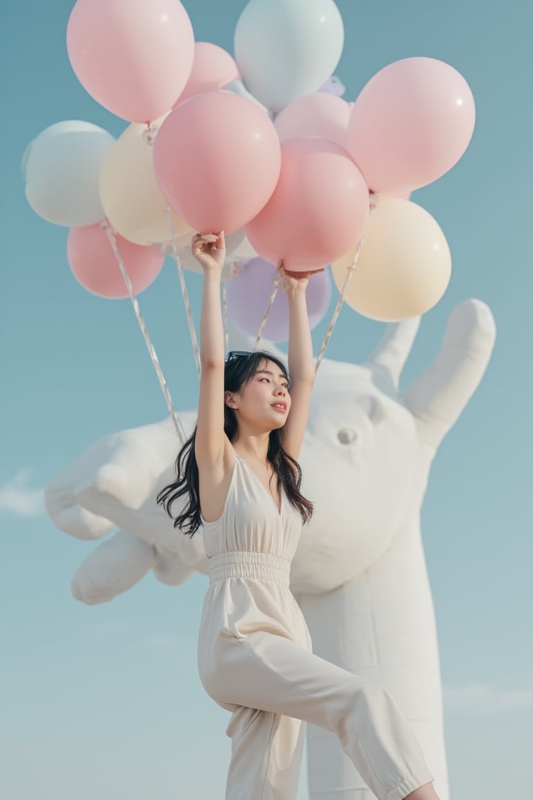 A photorealistic 8k RAW photo of a full-body stunning East Asian woman with a sleek, elegant face and porcelain skin. She has long, silky black hair styled in soft waves, and she wears trendy, high-fashion attire, including a stylish, fitted jumpsuit in light pastel colors with matching modern sneakers. Her expression is confident and graceful. She is flying in the air while holding a large bunch of pastel-colored heart-shaped balloons in soft shades of pink, white, and blue. The image captures her dynamic pose mid-flight, with natural lighting highlighting the textures of her clothes and the soft glow of the balloons. Ultra-detailed with high-resolution clarity, the whimsical atmosphere is enhanced by a focused composition that emphasizes her stylish outfit and the dreamy, colorful balloons.