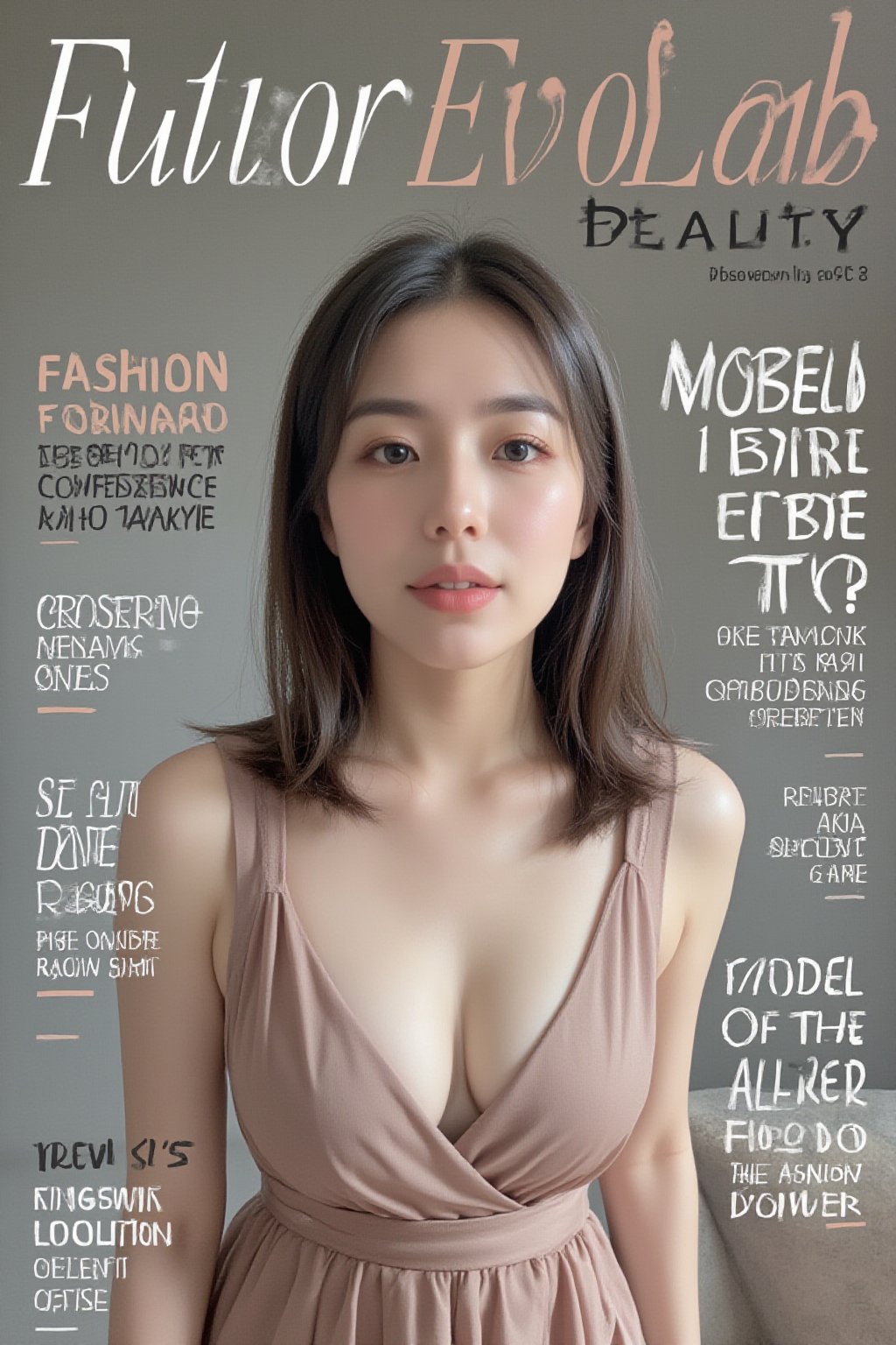 A high-fashion magazine cover featuring a close-up, upper-body shot of a beautiful Japanese female model with an enhanced bust size, confidently posing with elegance. Her sharp yet graceful facial features are highlighted, and she wears a stylish, modern outfit that accentuates her figure while maintaining a sophisticated and polished look. The background is a neutral gray with professional, magazine-quality lighting that enhances her photorealistic skin texture.

Across the cover, bold and stylish magazine text is displayed, including the title in elegant font: **"FuturEvoLab Beauty"** at the top. Other headlines include:
- **"Fashion Forward: The Future of Elegance"**
- **"Secrets to Confidence and Style"**
- **"Model of the Year: Embracing Allure and Power"**

The overall composition combines high-end fashion photography with captivating headlines that frame the model’s pose, drawing attention to her beauty and presence. The cover reflects sophistication, confidence, and modern fashion, with the FuturEvoLabBeautify aesthetic enhancing the visual impact.