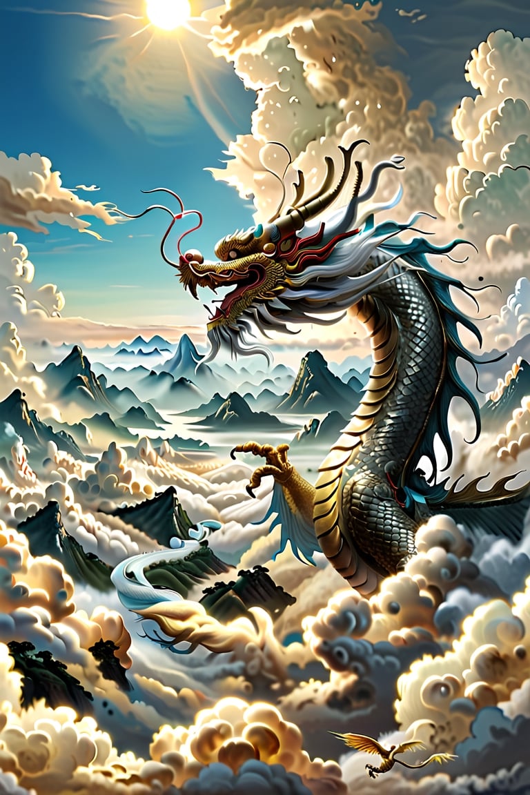 Majestic scene of 'The dragon soars in the sky' from the I Ching, magnificent Chinese dragon, detailed and vibrant, soaring above clouds, symbolizing apex of achievement, elegant winding body, strength and grace, awe-inspiring backdrop of clear blue sky and fluffy white clouds, highlighting ascendant position and celebrated status, by FuturEvoLab, (Masterpiece, Best Quality, 8k:1.2), (Ultra-Detailed, Highres, Extremely Detailed, Absurdres, Incredibly Absurdres, Huge Filesize:1.1), vivid colors, dynamic composition