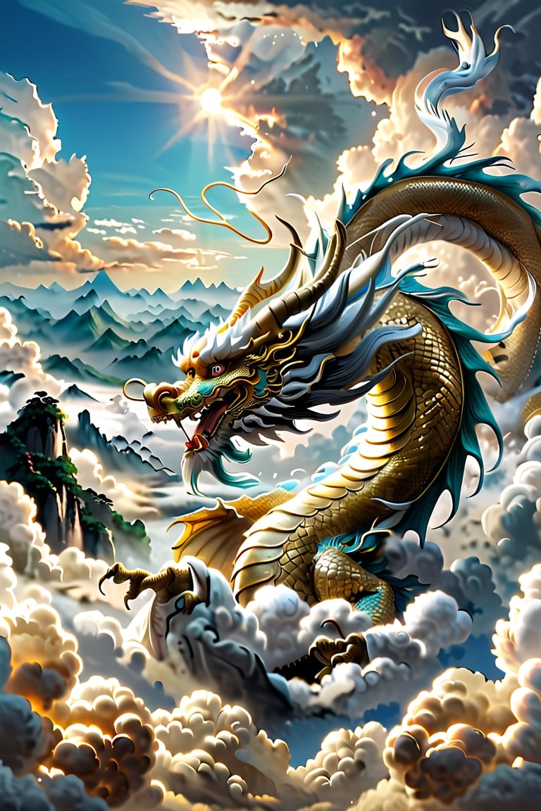 Majestic scene of 'The dragon soars in the sky' from the I Ching, magnificent Chinese dragon, detailed and vibrant, soaring above clouds, symbolizing apex of achievement, elegant winding body, strength and grace, awe-inspiring backdrop of clear blue sky and fluffy white clouds, highlighting ascendant position and celebrated status, by FuturEvoLab, (Masterpiece, Best Quality, 8k:1.2), (Ultra-Detailed, Highres, Extremely Detailed, Absurdres, Incredibly Absurdres, Huge Filesize:1.1), vivid colors, dynamic composition