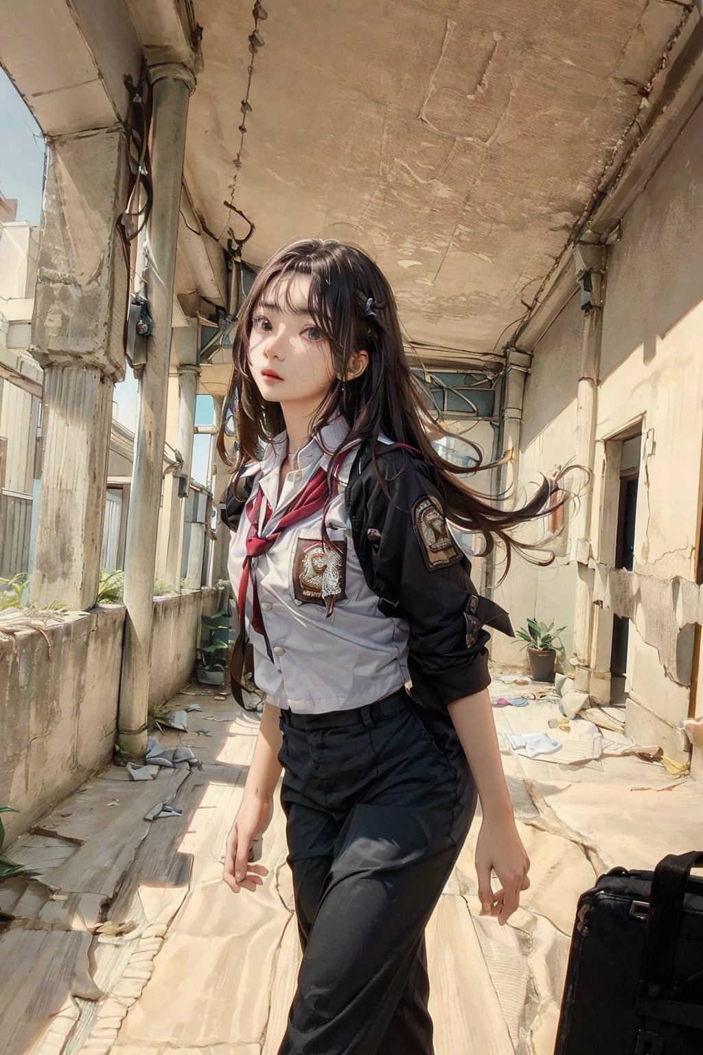 Clara, 17yo, Indonesian, long hair, talking with Rian, boy,18yo, short hair, messy hair, walking in the school field, dynamic lighting, very detailed faces, 4k, ,wearing indonesian high school uniform, 