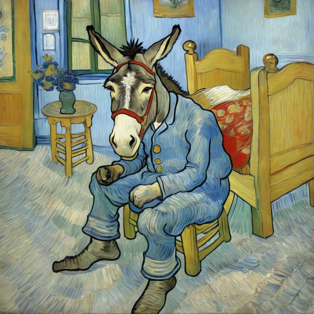 v0ng44g, p14nt1ng, fabulous painting of donkey watching the TV on the couch, van gogh style