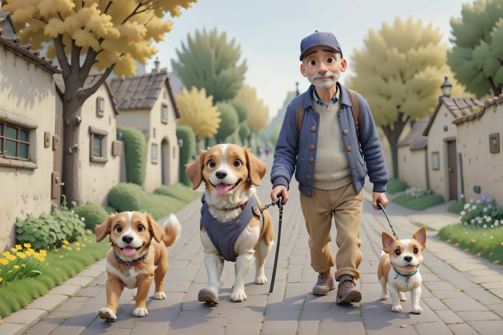 a 4k, beautiful image of cute dog and his old human pet owner taking a walk, basic_background
