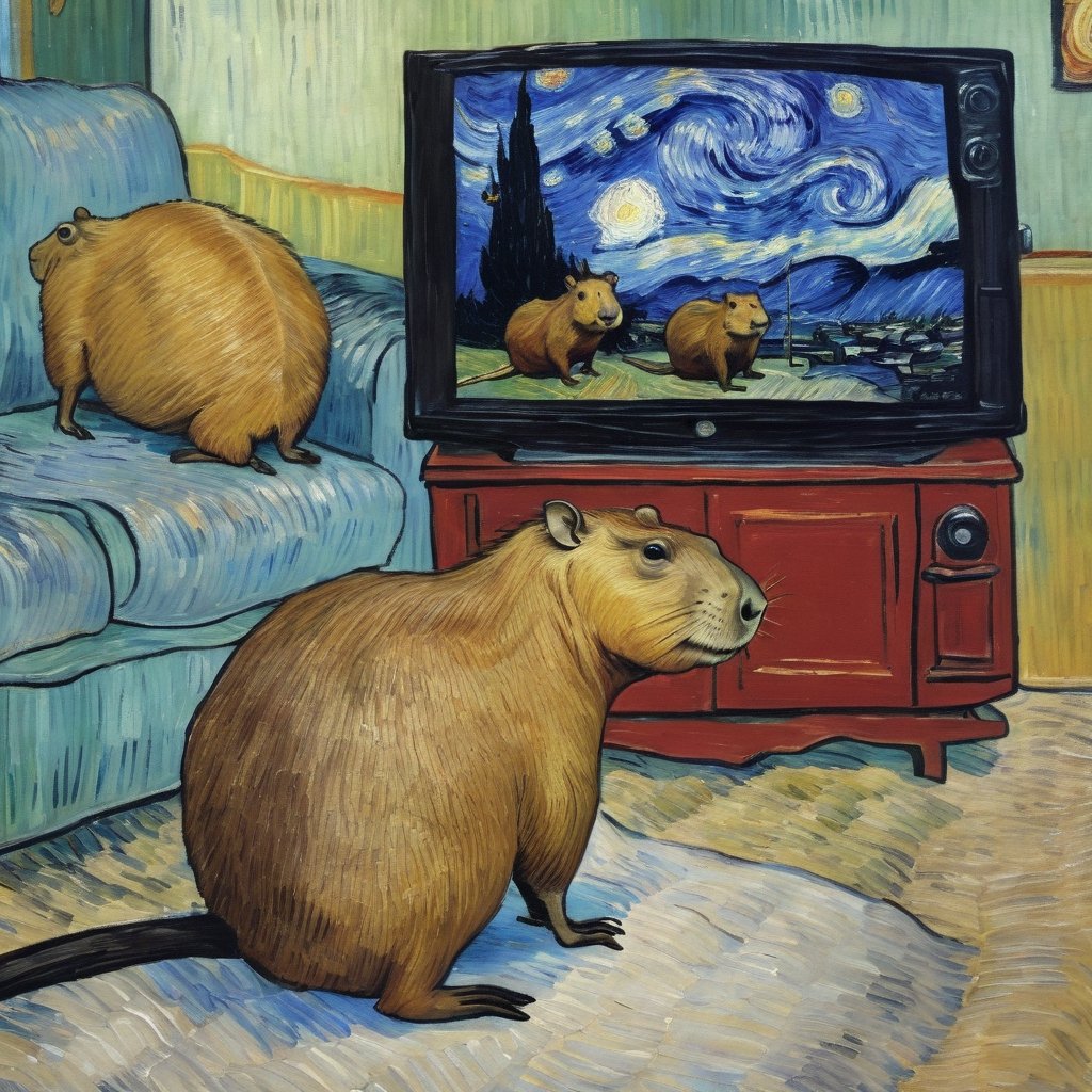 v0ng44g, p14nt1ng, fabulous painting of capybara watching the TV on the couch, van gogh style