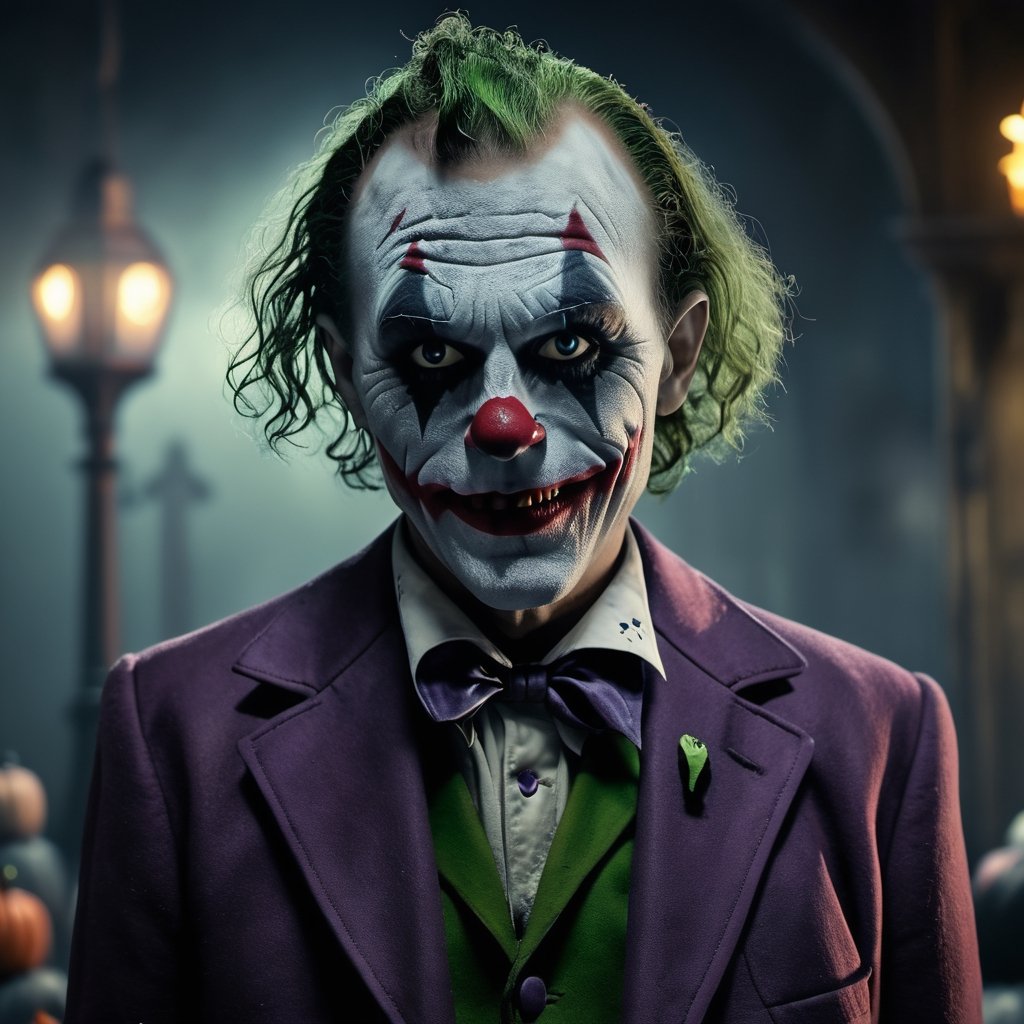 8k quality, surreal image of a creepy joker ,halloween