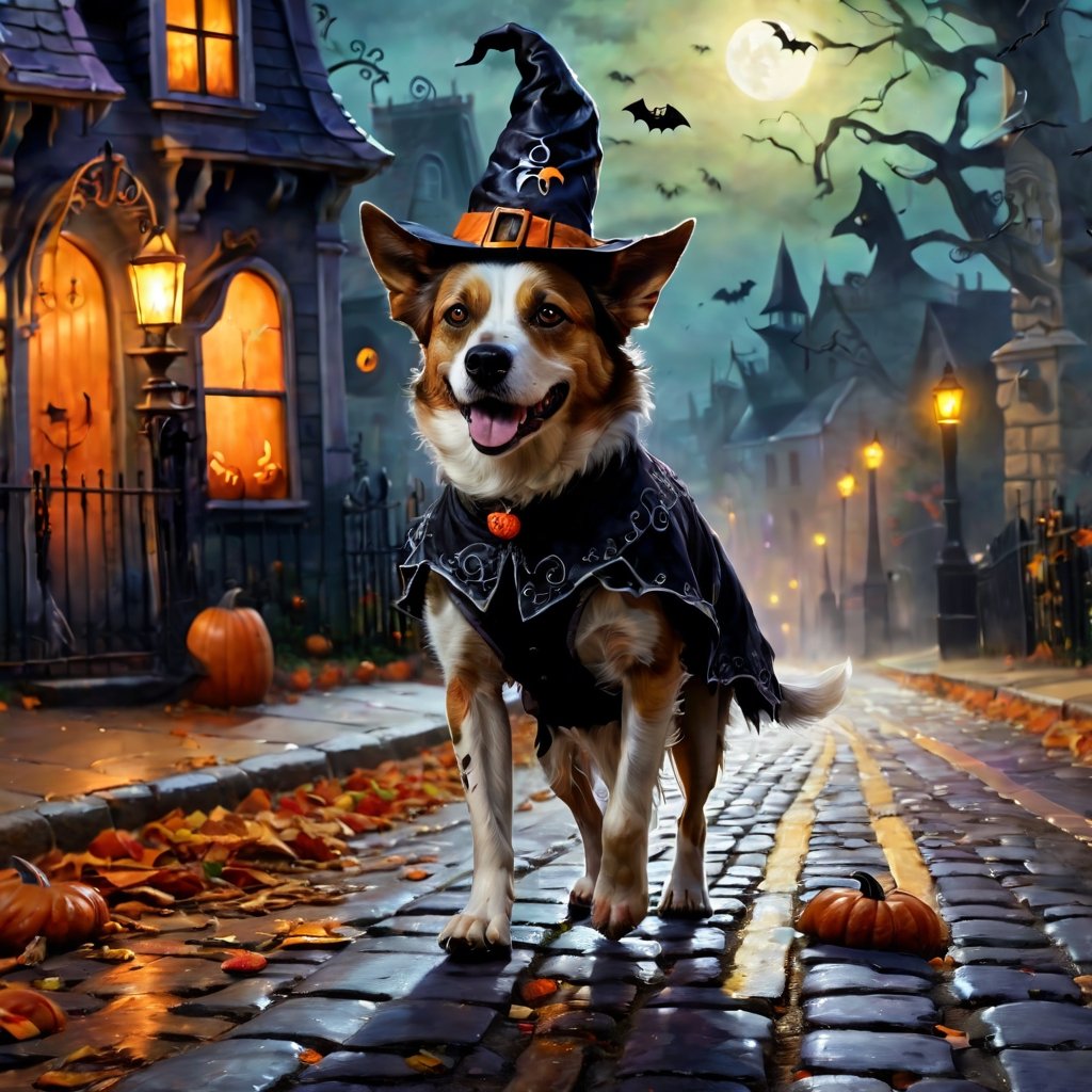 v0ng44g, p14nt1ng, fabulous painting of a dog walking the street,halloween