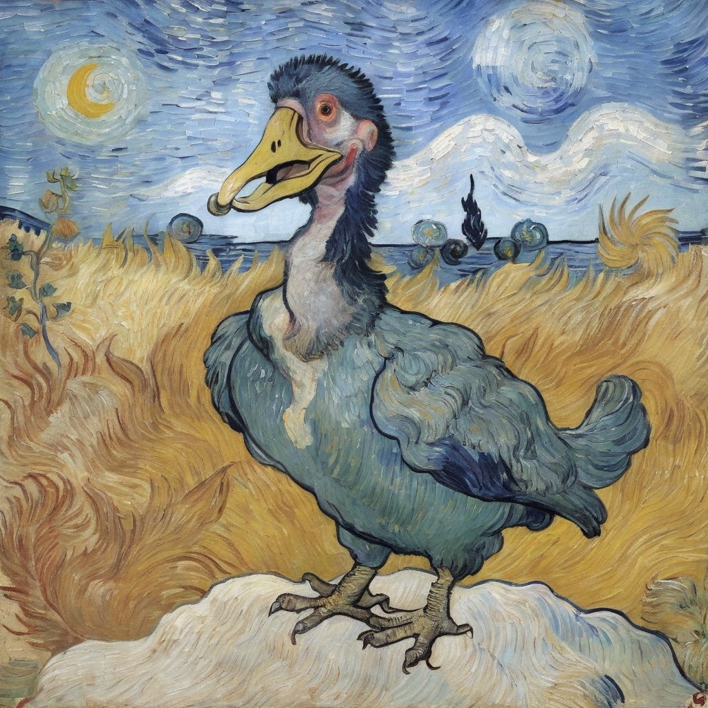 v0ng44g, p14nt1ng, fabulous painting of Dodo singing, van gogh style