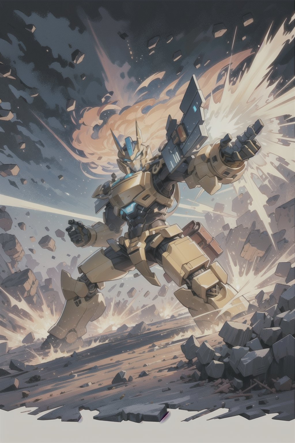 A gold, yellow and red Leo-themed male mech warrior transformer charges through the chaos of a battlefield in the desert.,(best quality