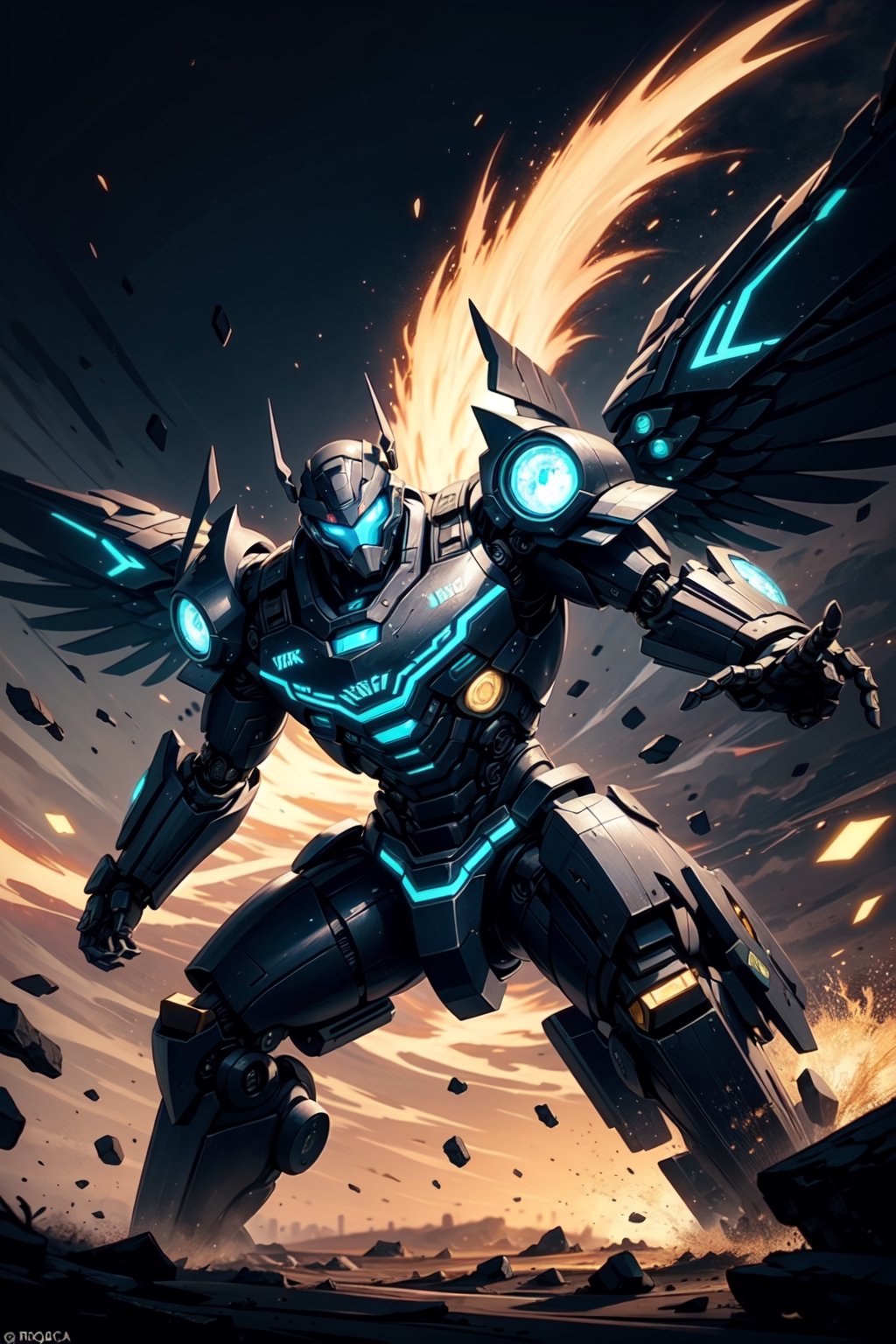 A fierce, golden-tan male mech warrior charges through the chaos of a battlefield in the desert, his robotic frame rippling with toned muscles as he wields a massive, 
stylized fantasy weapon. His body is adorned with intricate, glowing body paint in a Leo logo, 
marking him as a powerful and fearsome hero with metal wings.