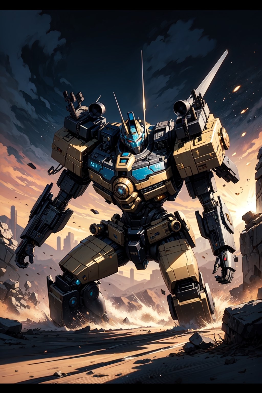 A gold Leo-themed male mech warrior transformer charges through the chaos of a battlefield in the desert.,(best quality.