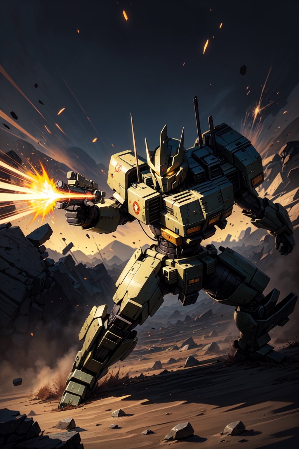 A yellow mech warrior transformer charges through the chaos of a battlefield in the desert.,(best quality.