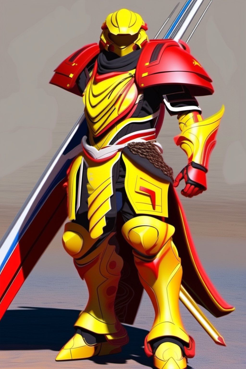 A gold, yellow and red Leo-themed male armoured core. charges through the chaos of a battlefield in the desert.,(best quality,ms_puiyi 