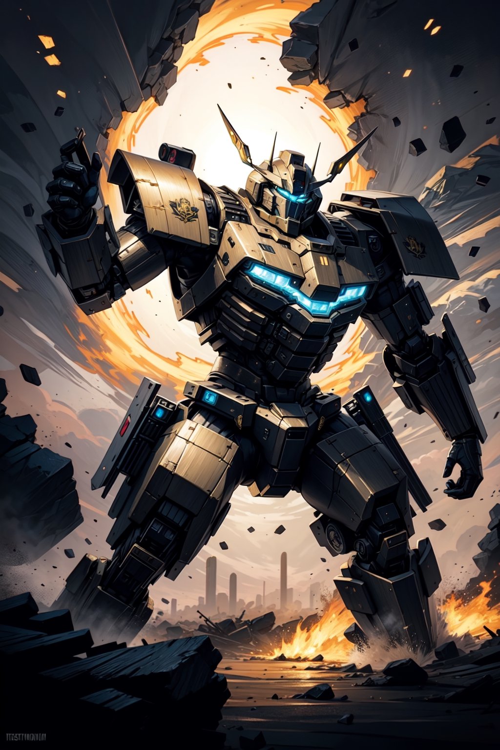 A gold Leo-themed male mech warrior transformer charges through the chaos of a battlefield in the desert.,(best quality.