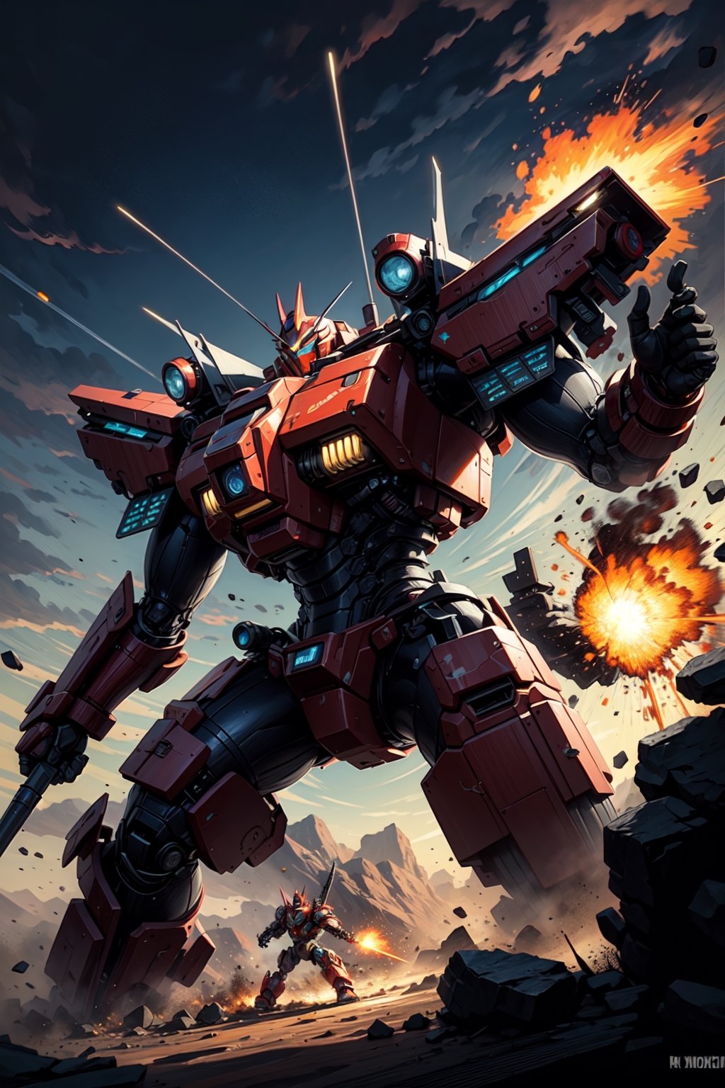 A red mech warrior transformer charges through the chaos of a battlefield in the desert.,(best quality.