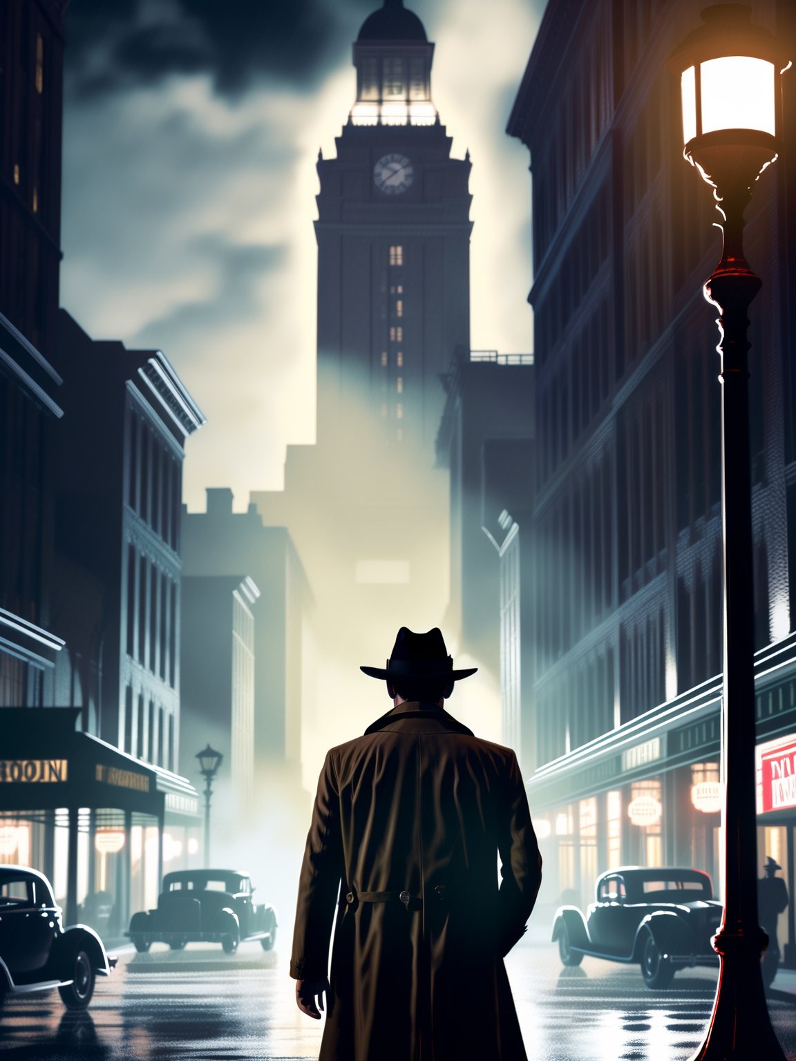 Arthur Morgan reimagined as a noir detective in a 1940s-inspired city, dressed in a classic trench coat and fedora, investigating a shadowy conspiracy within the company's building, rendered in a monochrome chiaroscuro style