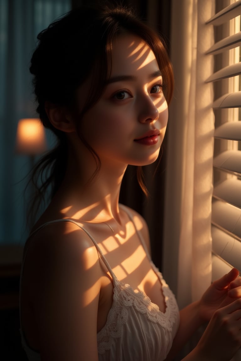 Portrait, winning photo, masterpiece,best quality,official art, extremely detailed CG unity 8k wallpaper,absurdres,8k resolution, hyper realistic, ultra realistic, highly detailed, intricate detailed, A beautiful Korean girl, 20 years old, sexy moist lips, wearing white lace spaghetti strap night dress, in very dark room, standing by the window with horizontal curtain blinds, the sunset light outside entering through the gaps of the curtains (((forming a sharp striped horizontal pattern on her face))), warm color grading, her hand slightly touching and opening the curtains for peeking outside, she's looking outside the windows. High contrast photo, strong shadow and highlight, ((dramatic lighting, low key photography))